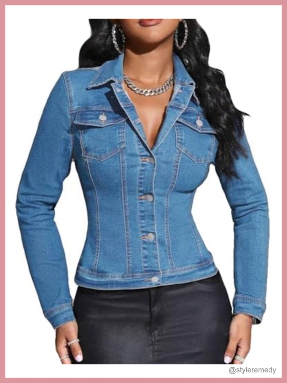 Cropped Denim Jacket Slim Fit Stretchy Button Down Long Sleeve with Pockets